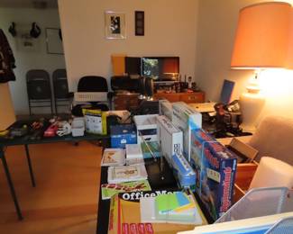 Office supplies, folding chairs, table lamps.