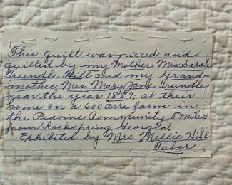 Note attached to the 1887 Handmade Quilt