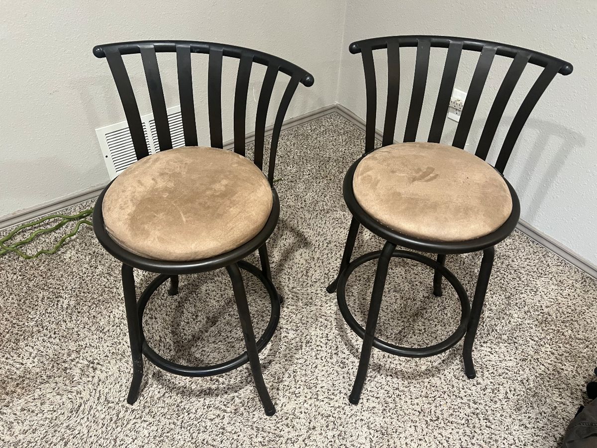 Two Great Condition Meal Swinging Bar Stools with brown suede cushions 2/$35