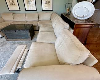 Check out this Beautiful Pearce Rolled Arm Sectional by Pottery Barn. Includes: 2 Loveseats, 1 Right Arm Chaise, 1 Wedge and 1 Left Arm Power Recliner.  Down Blend Wrapped Cushions with Performance "Everydaysuede" in Stone color.