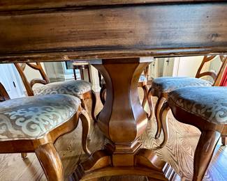 Thomasville Rivage Dining Table and Chairs.  The Table feature Double Pedestal Style witth 2 Armed Chairs and 4 Dining Chairs.  We also have the matching Rivage Buffet.