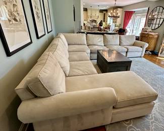 Check out this Beautiful Pearce Rolled Arm Sectional by Pottery Barn. Includes: 2 Loveseats, 1 Right Arm Chaise, 1 Wedge and 1 Left Arm Power Recliner.  Down Blend Wrapped Cushions with Performance "Everydaysuede" in Stone color.