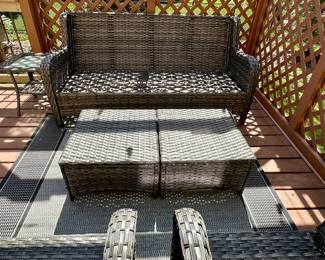 6 pc Outdoor Wicker Patio Set with Cushions.  Look at this current contemporary set at the perfect time before Spring and Summer.  It's rare to find this type of patio furniture that homeowners are selling.  3 Cushion Sofa,  2 Ottomans, 2 Glider/Rockers and 1 Side Table.  Cushions are shown in next photo