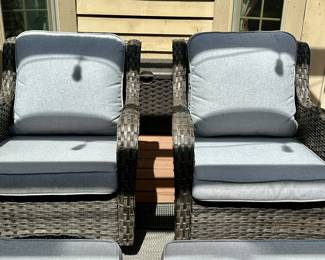 6 pc Outdoor Wicker Patio Set with Cushions.  Look at this current contemporary set at the perfect time before Spring and Summer.  It's rare to find this type of patio furniture that homeowners are selling.  3 Cushion Sofa,  2 Ottomans, 2 Glider/Rockers and 1 Side Table.  