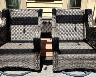 6 pc Outdoor Wicker Patio Set with Cushions.  Look at this current contemporary set at the perfect time before Spring and Summer.  It's rare to find this type of patio furniture that homeowners are selling.  3 Cushion Sofa,  2 Ottomans, 2 Glider/Rockers and 1 Side Table.  Cushions are shown in next photo