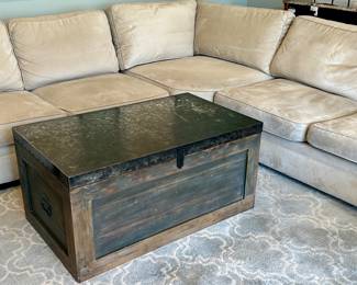 Check out this Beautiful Pearce Rolled Arm Sectional by Pottery Barn. Includes: 2 Loveseats, 1 Right Arm Chaise, 1 Wedge and 1 Left Arm Power Recliner.  Down Blend Wrapped Cushions with Performance "Everydaysuede" in Stone color.