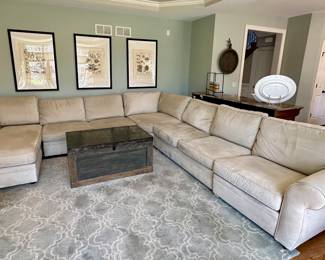 Check out this Beautiful Pearce Rolled Arm Sectional by Pottery Barn. Includes: 2 Loveseats, 1 Right Arm Chaise, 1 Wedge and 1 Left Arm Power Recliner.  Down Blend Wrapped Cushions with Performance "Everydaysuede" in Stone color.