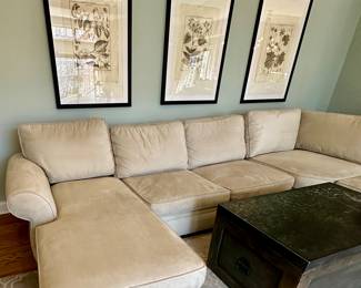 Check out this Beautiful Pearce Rolled Arm Sectional by Pottery Barn. Includes: 2 Loveseats, 1 Right Arm Chaise, 1 Wedge and 1 Left Arm Power Recliner.  Down Blend Wrapped Cushions with Performance "Everydaysuede" in Stone color.