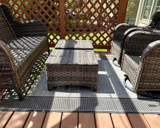 6 pc Outdoor Wicker Patio Set with Cushions.  Look at this current contemporary set at the perfect time before Spring and Summer.  It's rare to find this type of patio furniture that homeowners are selling.  3 Cushion Sofa,  2 Ottomans, 2 Glider/Rockers and 1 Side Table.  Cushions are shown in next photo