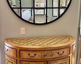 Beautiful Demi-Lune Bar/Foyer Laquered Cabinet with great storage.  Pottery Barn Eagan Round Multi-Panel Mirror