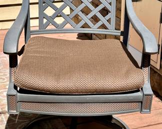 Take a look at this very unique Patio Table and Chairs.  Made from Aluminum Cast with Lattice Woven Style in the Chairs and Table.  The design features a Copper Element to the Chairs, Table and Umbrella Stand. The Table is 72" Long and 41" Wide.  There are 2 Swivel Rockers and 4 Dining Chairs. The cushions are in great condition by Sunbrella and  the Umbrella is from Garden Treasures and in Rectangular in shape . Purchased from Great Escape.