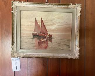 Early 20th C. Oil on Boards Harbor Scene 