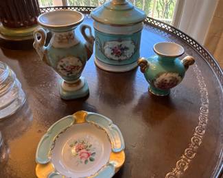 This home features a very large collection of Limoge china.  These pieces are in a old Paris style with turquoise and floral decorations. Mid 20th C. 