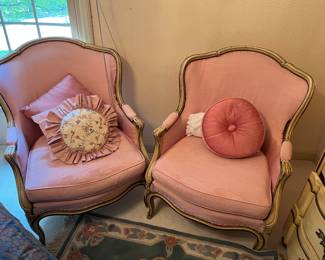Pair of Pink Upholstered French Provincial Bergere Chairs