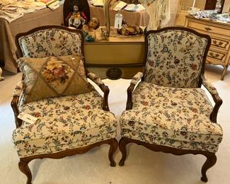 Pair of Tapestry Upholstered French Bergere Chairs