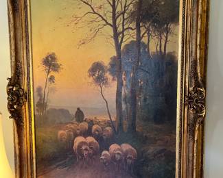 The highlight of this sale is a fine collection of artwork.  Many Italian and European listed artist.  This pastoral landscape is signed A. Deriang (French 19th C.)  Very large work on canvas. 