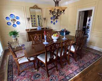Georgian Double pedestal dining table with inlay.  2 leaves and table pad.