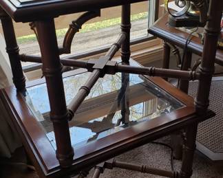 Stacked pair of Mid Century bamboo style wood and glass end tables