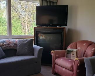 Two small Hide a bed sofas and a fabulous 1980s chair needing recovering (or just arm protectors)