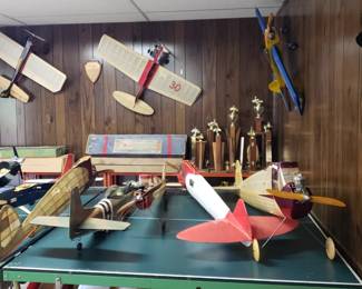 Completed vintage remote control and control line airplanes. One build as an experimental plane by Wes DeLong