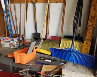 Garden and snow tools, tool boxes, and lots of tools. 