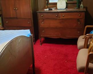 Matching antique dresser, chest of drawers, and bedframe with mattresses