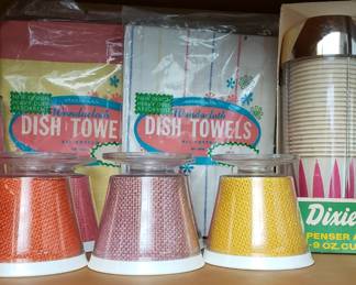 Vintage linens and Dixie cups new in package