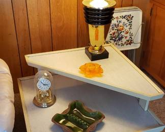 1950s step table and 1980s art deco style lamp, plus cute metal tv trays