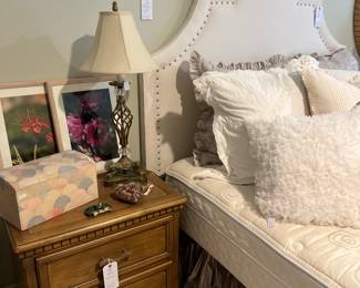 Wood nightstands, Ballard Designs headboard, sleep number queen mattress 