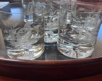 Set of 12 glasses with etched pheasants, signed