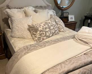 Ballard Designs queen upholstered headboard, gorgeous Lili Alessandra bedding, king Lili Alessandra blanket