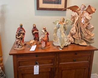 Pottery Barn serving cabinet, paper mache nativity scene, beautiful angels