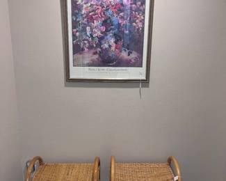 Nancy Lund framed poster, rattan stools