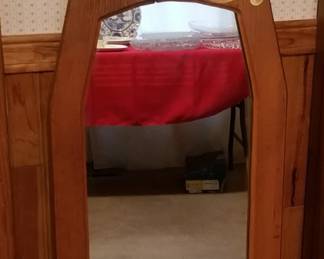 Antique wood iron board with mirror inset and toll painting