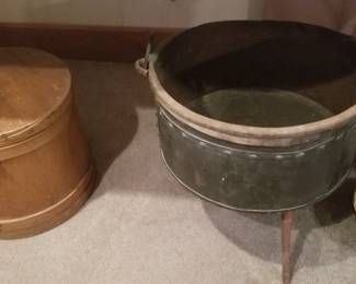 Antique copper cauldron with stand; antique wooden shaker box 