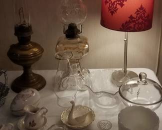Unique antique brass and glass oil lamps; collection of cut glass and crystal items