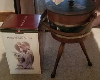 Antique wood sewing cabinet; hand painted Porcelain Angel