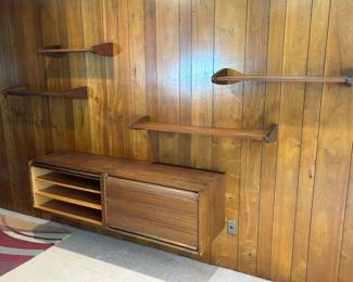 Mid century modern set of 4 floating shelves from Denmark and 2 roll front wall hanging cabinets