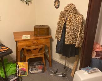Sewing machine w/table and chair + dress form on stand and Brother sewing machine on the floor