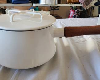 Dansk Enamel Pot with Lid Pan White With Wood Handle