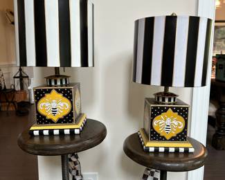 M2 - $425. Pair of MacKenzie Childs Queen Bee Lamps with Original Shades. They both also have Courtly Check Cord Covers. 