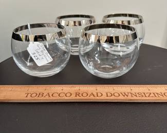 K45 - $25 - Set of 4. Silver Band 3.5" Roly Poly Glasses. 