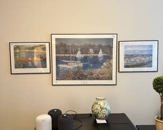 W35 - Left To Right. $15 "Boating on the Seine" measure 20" x 16". $35 Monet measures 34" x 27". $15 "Peach Blossom in the Crau" measures 20" x 16". 