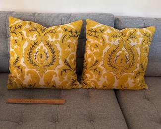 M97 - $275. Set of 3 Nectar Damask Beaded Pillow 18" square.  (One has *very* minor pulls in the yellow design - can send photos upon request.)