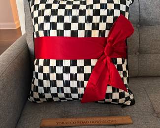 M96 - $80.  Courtly Check Red Sash Throw Pillow. 18" square. 