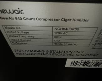 F2 - $650. NewAir 840 cigar humidor. Model NCH840BK00. Measures 19” wide x 26” deep x 32” tall. 