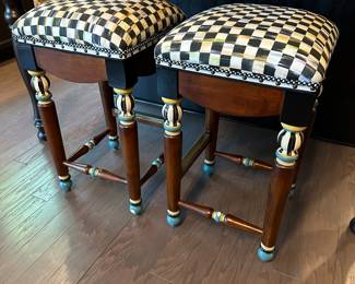 M46 - $2500. PAIR.  of MacKenzie-Childs Courtly Counter Stools. Measures 15.5" square x 27" tall. 