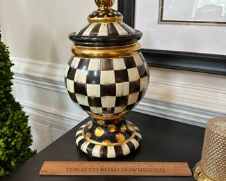 M8 - $325. Ceramic Courtly Check Globe Canister. Measures 14" tall x 8" wide. 