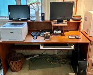 Teak office desk, electronics. $25-50