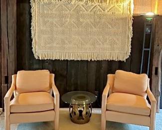 Pair upholstered armchairs after Milo Baughman ($450), fiber art wall hanging ($150), pierced Brass side table ($100).